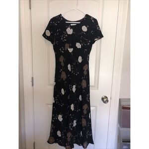 Vintage PJLA Maxi Floral Black Cream Brown MulticolorDress Short-Sleeve Size Med